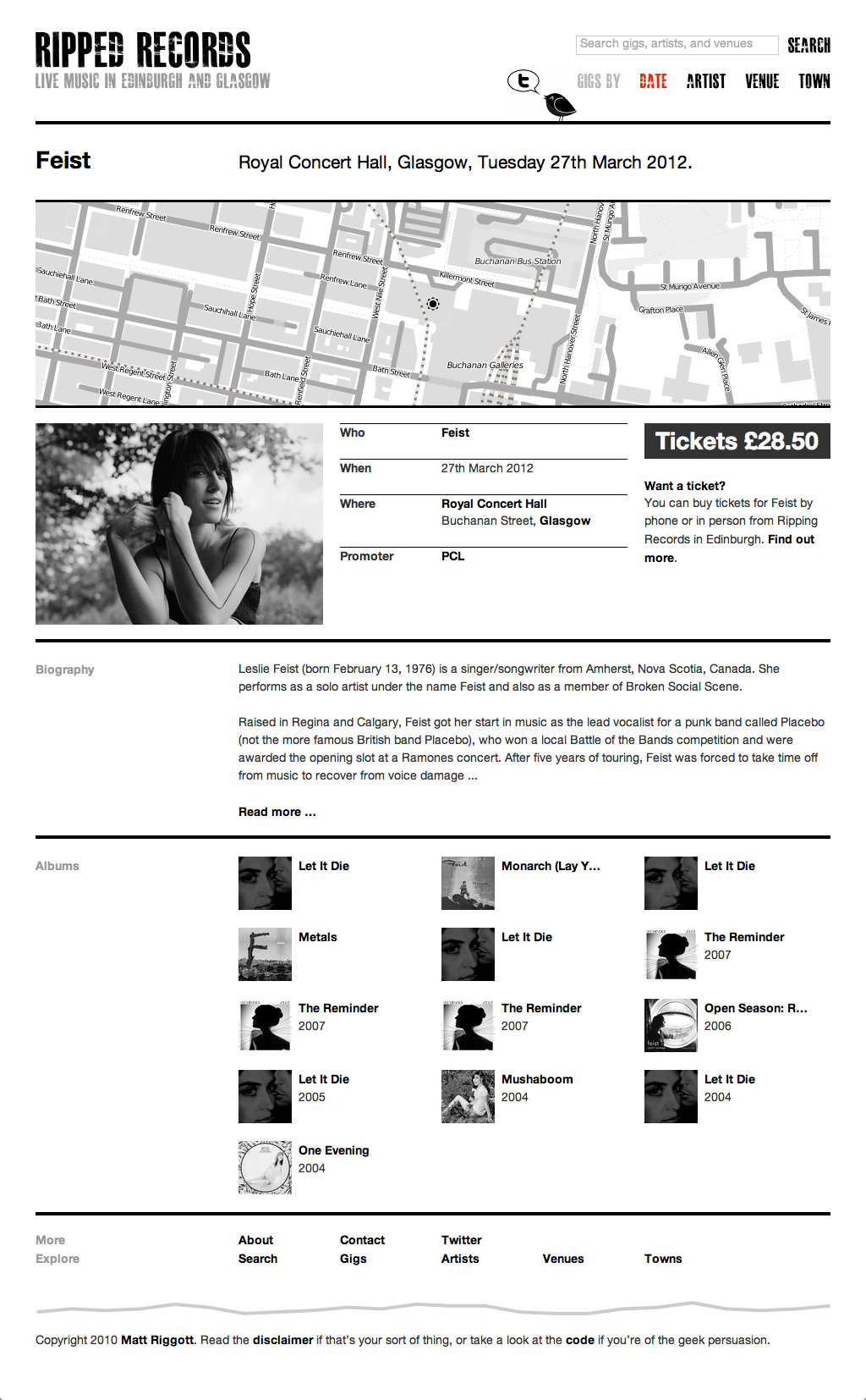 Full-size screenshot of a gig page for Feist